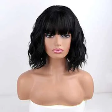 MISSQUEEN Short Wavy Black Wig with Bangs, Short Black Bob Wigs for Women, Wavy Bob Wig with Bangs S...