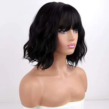 Stylish MISSQUEEN Short Wavy Black Wig with Bangs
