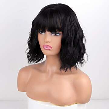 MISSQUEEN Short Wavy Black Wig with Bangs, Short Black Bob Wigs for Women, Wavy Bob Wig with Bangs Synthetic Natural Looking Heat Resistant Fiber Wigs