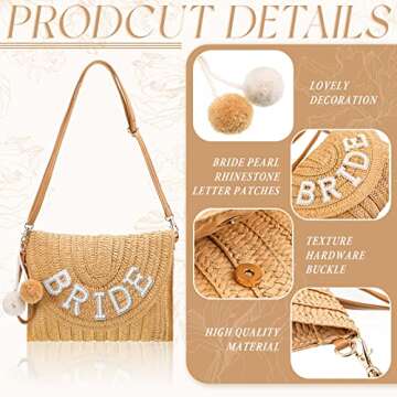 Pinkunn Bride Straw Shoulder Bag For Women Straw Clutch Bag Pearl Rhinestone Wedding Summer Beach Vacation Bridal Shower Gift (Bride Style)