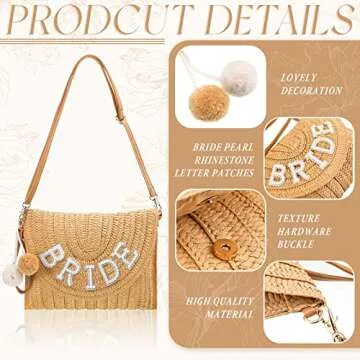 Pinkunn Bride Straw Shoulder Bag For Women Straw Clutch Bag Pearl Rhinestone Wedding Summer Beach Vacation Bridal Shower Gift (Bride Style)