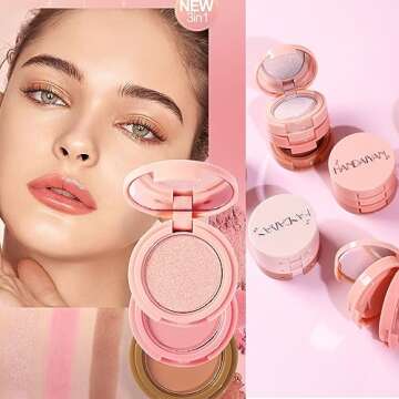 Yeweian 3-in-1 Blendable Trio, Contour and Highlight Blush Makeup Palette, Cream Bronzer, Silky Smooth Powder Blush, Shimmer Highlighter Makeup Powder, Pink Brown Eyeshadow Palette with Mirror(02)