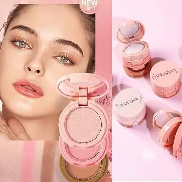 Yeweian 3-in-1 Blendable Trio, Contour and Highlight Blush Makeup Palette, Cream Bronzer, Silky Smooth Powder Blush, Shimmer Highlighter Makeup Powder, Pink Brown Eyeshadow Palette with Mirror(02)