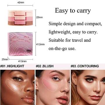Yeweian 3-in-1 Blendable Trio, Contour and Highlight Blush Makeup Palette, Cream Bronzer, Silky Smooth Powder Blush, Shimmer Highlighter Makeup Powder, Pink Brown Eyeshadow Palette with Mirror(02)