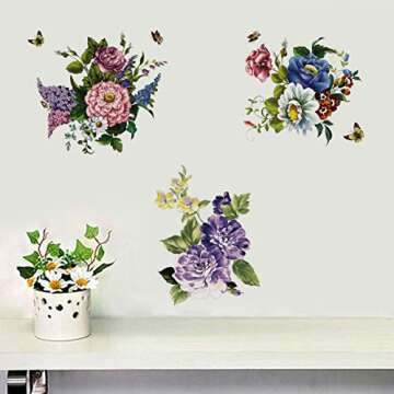 3Pcs Peony Rose Lavender Butterfly Flower Wall Stickers Beauty Flowers Decals Self Adhesive Removable Waterproof Vinyl Art Murals for Living Room Bedroom Toilet Restroom House DIY Decoration (Style D)