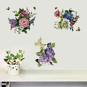 3Pcs Peony Rose Lavender Butterfly Flower Wall Stickers Beauty Flowers Decals Self Adhesive Removable Waterproof Vinyl Art Murals for Living Room Bedroom Toilet Restroom House DIY Decoration (Style D)