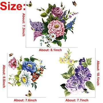 3Pcs Peony Rose Lavender Butterfly Flower Wall Stickers Beauty Flowers Decals Self Adhesive Removable Waterproof Vinyl Art Murals for Living Room Bedroom Toilet Restroom House DIY Decoration (Style D)