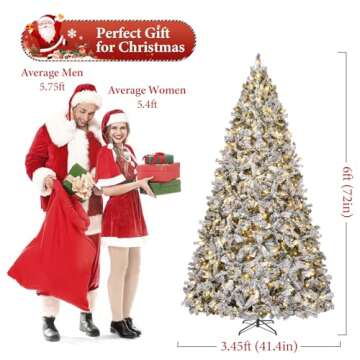 TOWPONICS 6ft Prelit Artificial Christmas Tree with LED Warm White Lights, Snow Flocked Prelighted 250 LED Lights & 928 Branch Tips, Metal Hinges Foldable Base, Xmas Full Tree for Holiday Decor, White