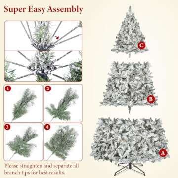 TOWPONICS 6ft Prelit Artificial Christmas Tree with LED Warm White Lights, Snow Flocked Prelighted 250 LED Lights & 928 Branch Tips, Metal Hinges Foldable Base, Xmas Full Tree for Holiday Decor, White