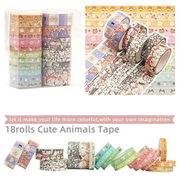 Cotrida Kawaii Cute Cartoon Washi Tape Set, 18 Rolls Thin Animal Gold Embellishment Decorative Masking Tapes for Scrapbook, DIY Crafts, Bullet Journal Supplies, Planners, Wrapping