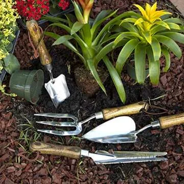 Wood Garden Hand Tools, 4-Piece Set, Stainless Steel - Heavy-Duty Gardening Tool Kit for Women with Trowel, Transplanter, Hand Fork, All-Purpose Weeder - Beautiful Planting Gift Sets