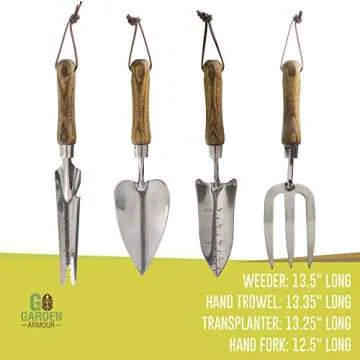 Wood Garden Hand Tools, 4-Piece Set, Stainless Steel - Heavy-Duty Gardening Tool Kit for Women with Trowel, Transplanter, Hand Fork, All-Purpose Weeder - Beautiful Planting Gift Sets