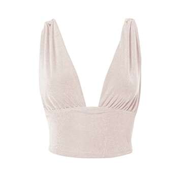 LYANER Women's Sexy Deep V Neck Slim Fitted Strap Crop Cami Tank Sleeveless Top Beige X-Small