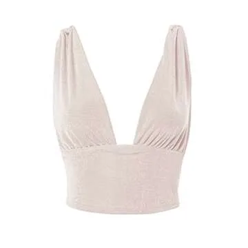 LYANER Women's Sexy Deep V Neck Slim Fitted Strap Crop Cami Tank Sleeveless Top Beige X-Small