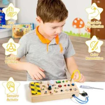 WOODMAM Montessori Toddler Busy Board, Baby Sensory Travel Toys with Strap, Wooden Planets Busy Board with LED Light, Learning Toys Birthday for Boy Girl Age 3+