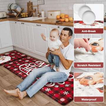 Christmas Buffalo Plaid Santa Claus Kitchen Mat 2PCS, Non-Skid Waterproof Cushioned Anti Fatigue Comfort Foam Mats for Kitchen Floor Laundry Office Red and Black Plaid Home Decorations 17"x30"+17"x47"