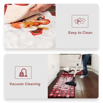 Christmas Buffalo Plaid Santa Claus Kitchen Mat 2PCS, Non-Skid Waterproof Cushioned Anti Fatigue Comfort Foam Mats for Kitchen Floor Laundry Office Red and Black Plaid Home Decorations 17"x30"+17"x47"