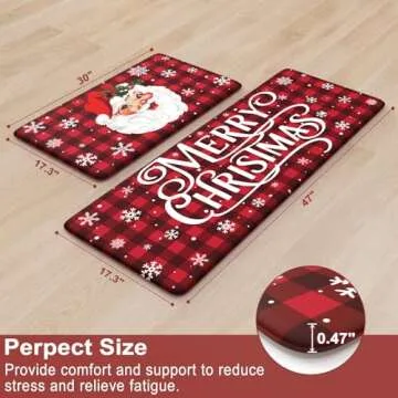 Christmas Buffalo Plaid Santa Claus Kitchen Mat 2PCS, Non-Skid Waterproof Cushioned Anti Fatigue Comfort Foam Mats for Kitchen Floor Laundry Office Red and Black Plaid Home Decorations 17"x30"+17"x47"