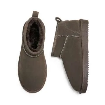 DREAM PAIRS Ankle Winter Mini Boots for Women Genuine Suede Faux Fur Lining Water Resistant Warm Snow Boots Slip On Memory Foam Comfort Booties FuzzyClassic,Size 7.5,Taupe,SDSB2405W