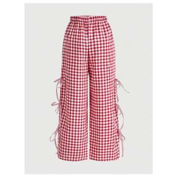 BEAUDRM Women's Gingham Print Long Pants Elastic High Waist Split Bow Knots Sides Straight Leg Pants Trouser Red Large