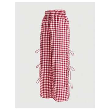 BEAUDRM Women's Gingham Print Long Pants Elastic High Waist Split Bow Knots Sides Straight Leg Pants Trouser Red Large