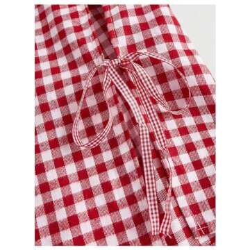 BEAUDRM Women's Gingham Print Long Pants Elastic High Waist Split Bow Knots Sides Straight Leg Pants Trouser Red Large