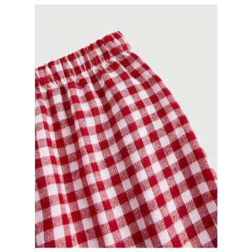 BEAUDRM Women's Gingham Print Long Pants Elastic High Waist Split Bow Knots Sides Straight Leg Pants Trouser Red Large