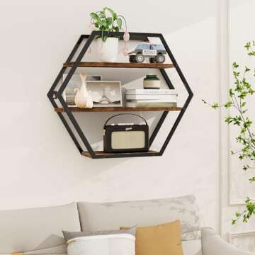 BCOZLUX Hexagon Shelves for Wall, Hexagon Floating Shelves, Decorative Geometric Shelf for Wall Decor, Farmhouse Style Shelves for Bathroom Living Room, Rustic Brown Black