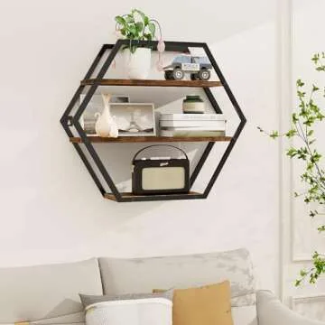 BCOZLUX Hexagon Shelves for Wall, Hexagon Floating Shelves, Decorative Geometric Shelf for Wall Decor, Farmhouse Style Shelves for Bathroom Living Room, Rustic Brown Black