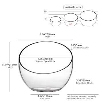 WGV Slant Cut Bowl Glass Vase, Width 9", Height 8.25", Clear Terrarium, Candy Dish, Fruit Jar, Flora...