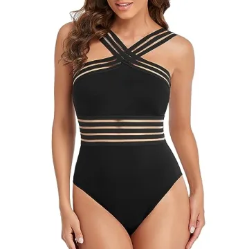 Hilor Women's Black One Piece Swimsuit Twist Front Swimwear High Waisted Bathing Suits Black L/US10-12