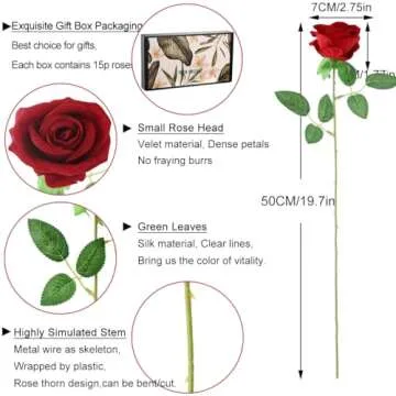 Cloudecor 15Pcs Realistic Silk Artificial Roses for Home Decor