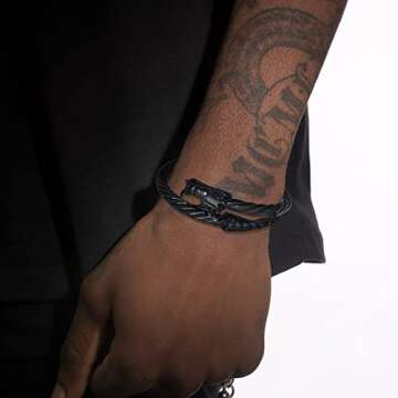 Men's Stainless Steel Cable Wire Chinese Dragon Twist Cuff Bangle Bracelet Punk Rock Biker Black for Men Boy