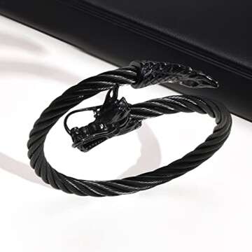 Men's Stainless Steel Cable Wire Chinese Dragon Twist Cuff Bangle Bracelet Punk Rock Biker Black for Men Boy