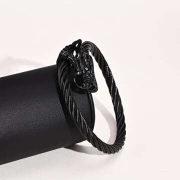 Men's Stainless Steel Cable Wire Chinese Dragon Twist Cuff Bangle Bracelet Punk Rock Biker Black for Men Boy