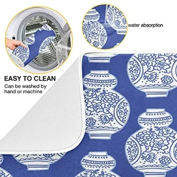 UNISE Vintage Ink Vases Chinoiserie Style Kitchen Dish Drying Mat Large with Hanging Loop Fast-Drying 16 by 18 Inch for Kitchen Counter