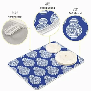 UNISE Vintage Ink Vases Chinoiserie Style Kitchen Dish Drying Mat Large with Hanging Loop Fast-Drying 16 by 18 Inch for Kitchen Counter