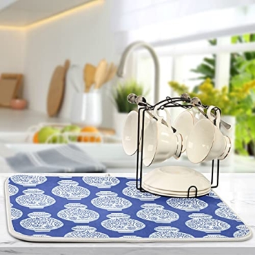 UNISE Vintage Ink Vases Chinoiserie Style Kitchen Dish Drying Mat Large with Hanging Loop Fast-Drying 16 by 18 Inch for Kitchen Counter