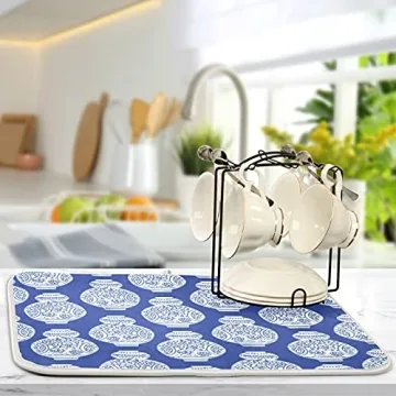 UNISE Vintage Ink Vases Chinoiserie Style Kitchen Dish Drying Mat Large with Hanging Loop Fast-Drying 16 by 18 Inch for Kitchen Counter