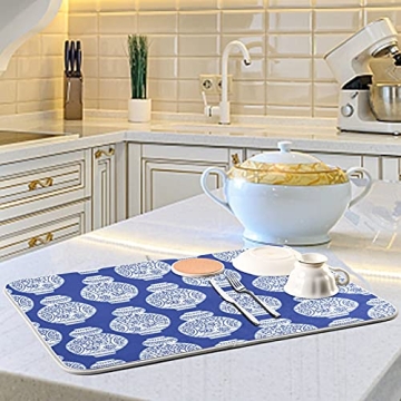 UNISE Vintage Ink Vases Chinoiserie Style Kitchen Dish Drying Mat Large with Hanging Loop Fast-Drying 16 by 18 Inch for Kitchen Counter