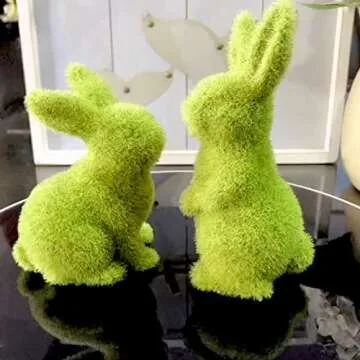 XMSJXH Easter Moss Bunny Flocked Furry Rabbit Statue Figurine 2Set Indoor Table Home, Kitchen, Garden,Halloween Christmas (SitStand-Sets)