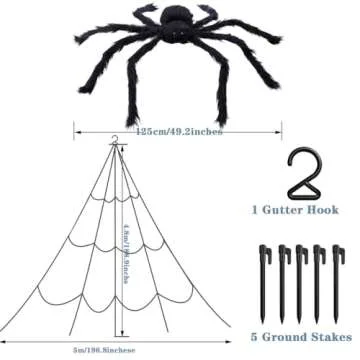 YYLNKDFC Halloween Decorations Outdoor 5m/196inches Triangular cobweb/125cm/49.2inches Giant Spiders,20 Little Spiders. Halloween Decor for Home Outside Yard Costumes Party Haunted House Garden Lawn