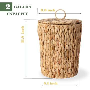 YOKOMI Wicker Waste Basket with Lid and Liner - Small Wicker Trash Can for Bedroom, Bathroom, Kitche...