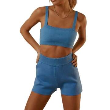 Argeousgor Women Knit Print 2 Piece Shorts Sets Crochet Sleeveless Crop Cami Tops High Waist Shorts Y2k Streetwear