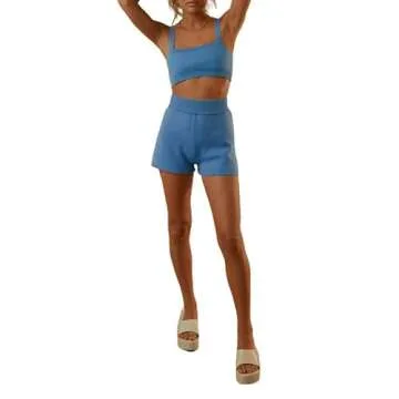 Argeousgor Women Knit Print 2 Piece Shorts Sets Crochet Sleeveless Crop Cami Tops High Waist Shorts Y2k Streetwear