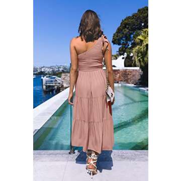 MEROKEETY Women's One Shoulder Sleeveless Shirred High Waist Swing A-Line Midi Maxi Dress,Pink,S