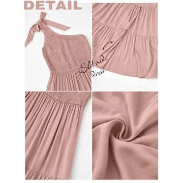 MEROKEETY Women's One Shoulder Sleeveless Shirred High Waist Swing A-Line Midi Maxi Dress,Pink,S