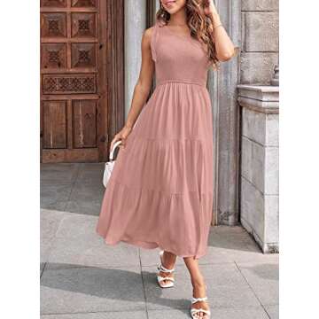 MEROKEETY Women's One Shoulder Sleeveless Shirred High Waist Swing A-Line Midi Maxi Dress,Pink,S
