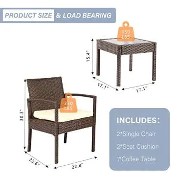 PAOLFOX Outdoor Patio Furniture Sets, Patio Furniture Set 3 Piece, Wicker Patio Chairs, Porch Deck Furniture, Rattan Wicker Furniture, Beige