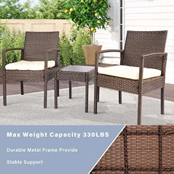 PAOLFOX Outdoor Patio Furniture Sets, Patio Furniture Set 3 Piece, Wicker Patio Chairs, Porch Deck Furniture, Rattan Wicker Furniture, Beige